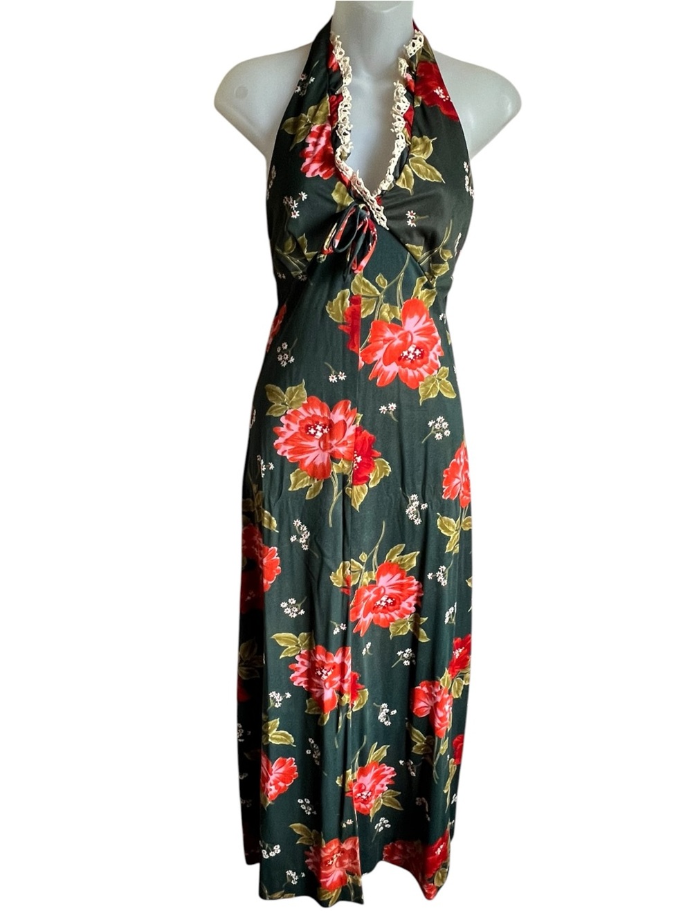 VTG 70s Womens‎ S Floral Empire Waist Halter Maxi Dress Crochet Lace Front Tie